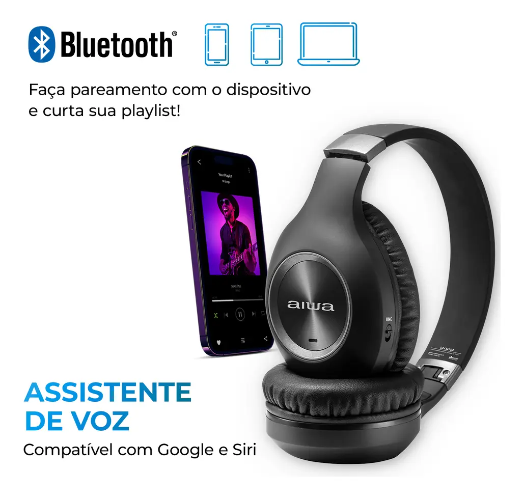 Fone de Ouvido Headphone AIWA Bluetooth ANC Alta Definição