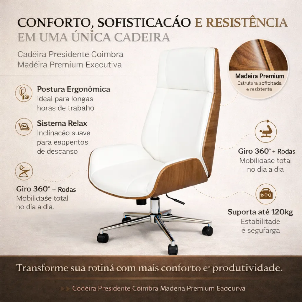 Cadeira de Escritório Presidente Coimbra Giratória Madeira